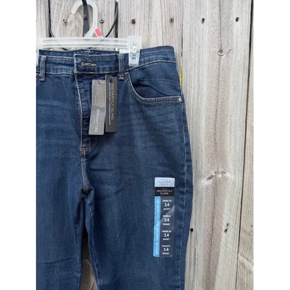 Lee Womens High Rise Relaxed Straight Leg Instantly Slims Jeans Blue 14 Short